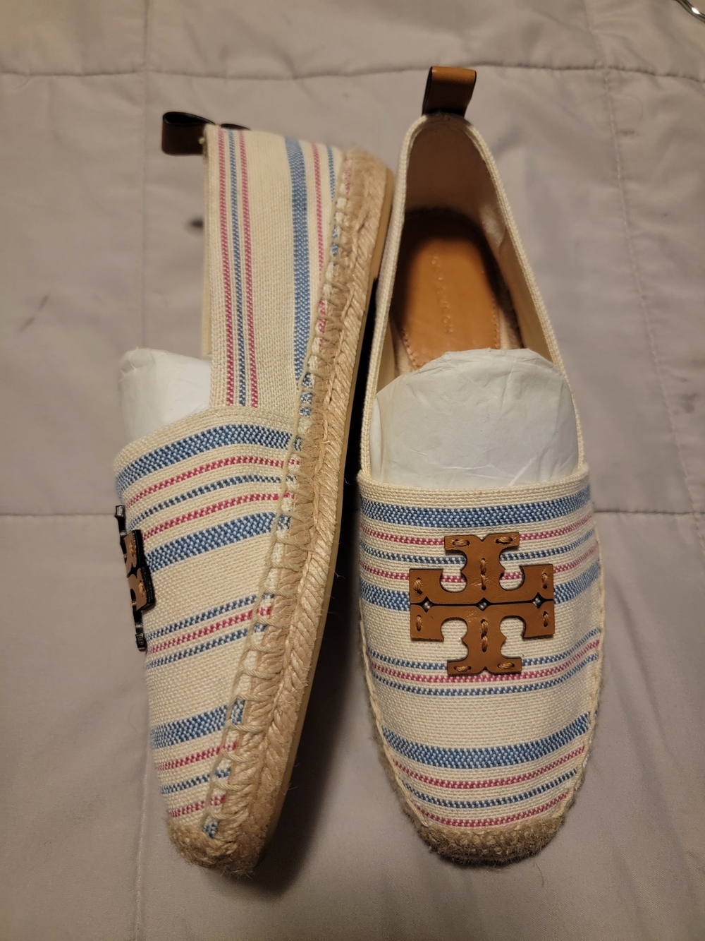 Tory Burch Cream Striped Canvas Espadrilles with Tan Logo